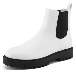 1906 Rollda Women's Chelsea Boots Low Heel Round Toe Fashion Ankle Booties White